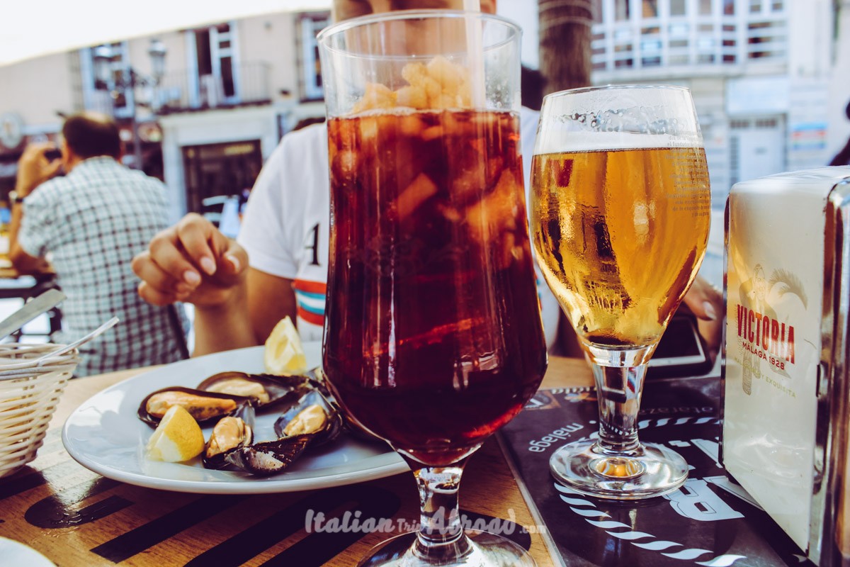 Traditional spanish drinks Cerveza, beer and Sangria to refresh in the hot summer