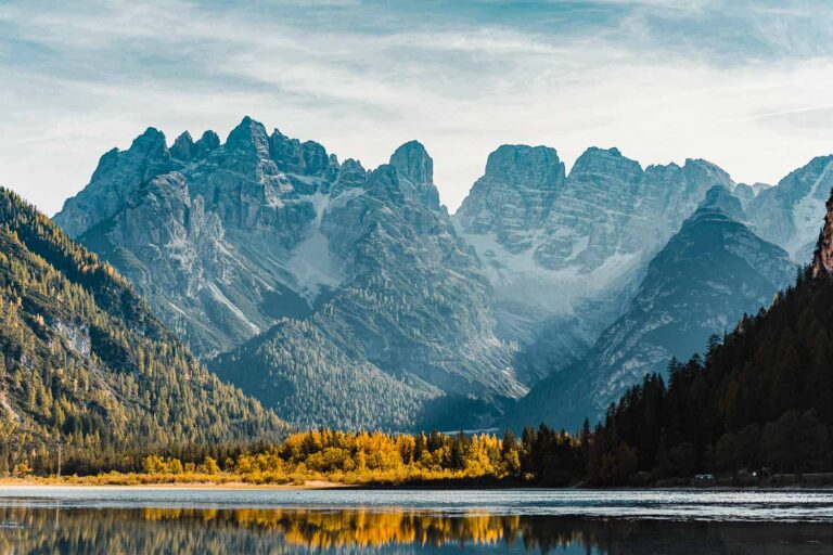Dolomites Landsca[e early in the morning, view from a typical lake