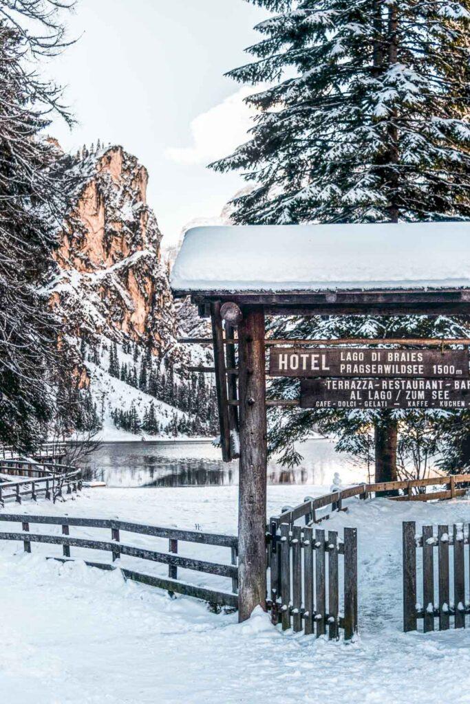 Entrance to the Lake of Braies in winter with snow