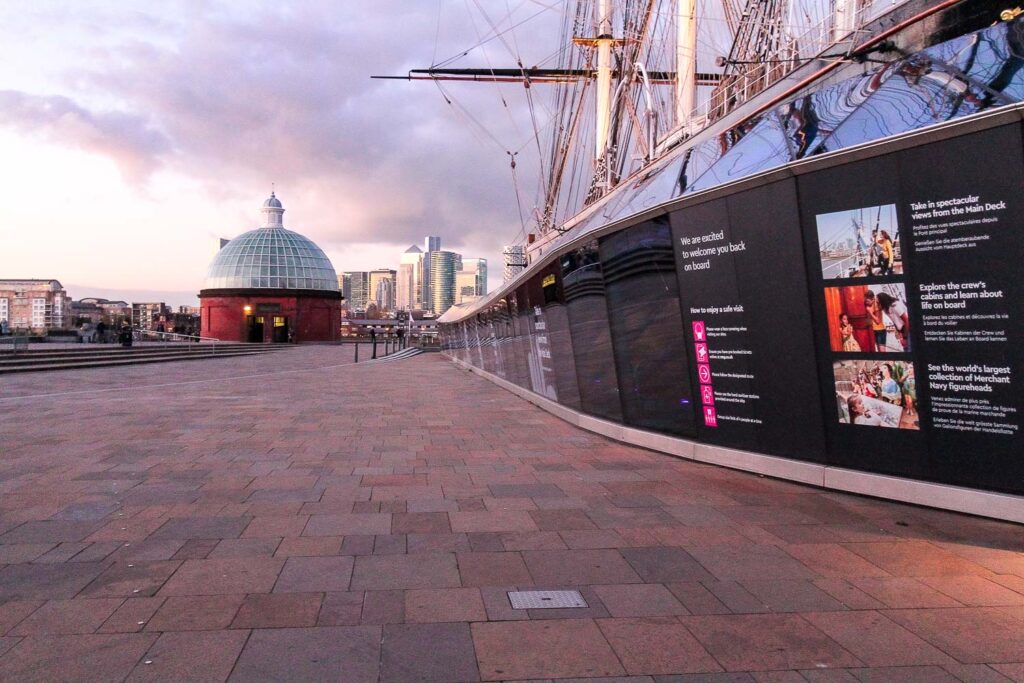15 Things to do in a day out in Greenwich, London 3 Cutty Sark Square at sunset in Greenwich day out